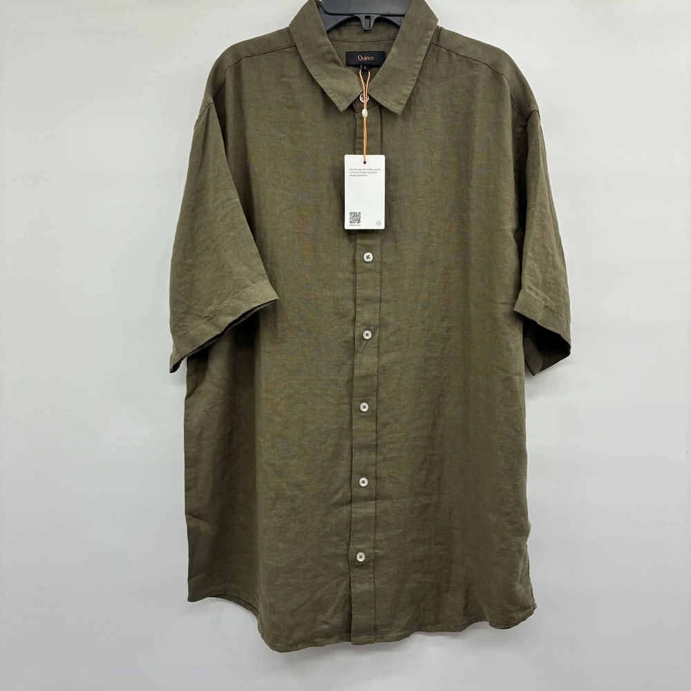 Quince Mens L 100% Linen Shirt Olive Green Short Sleeve Button Up NWT Casual